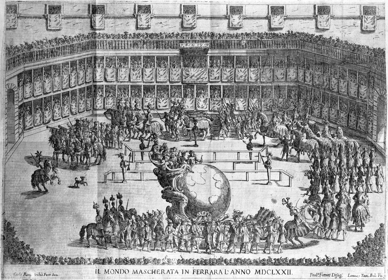 Maapallon kulkue, Ferrara, kaiverrus Lorenzo Tinti, 1672 tekijältä Francesco Ferrari