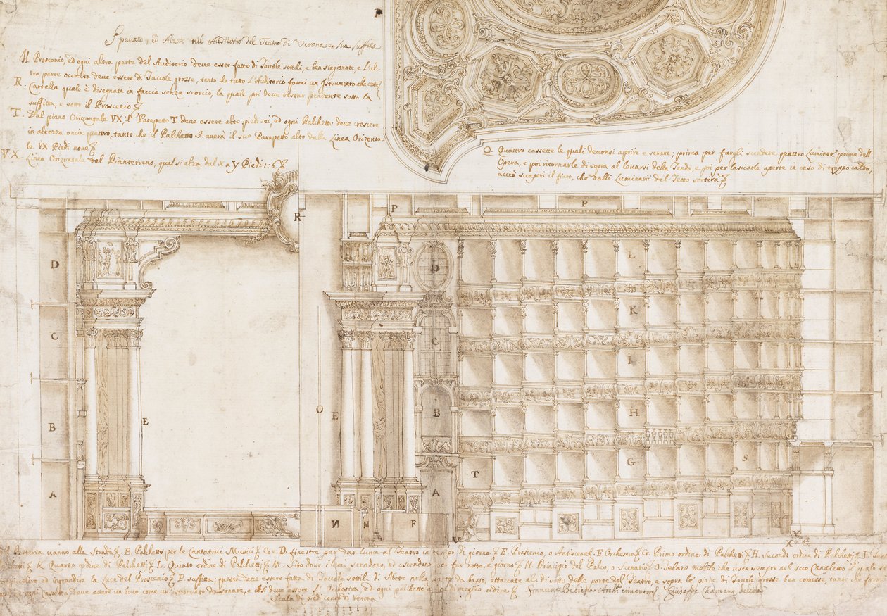 Teatro Filarmonico, Accademia Filarmonica, Verona, Italia - osasto ja katto tekijältä Francesco Galli Bibiena