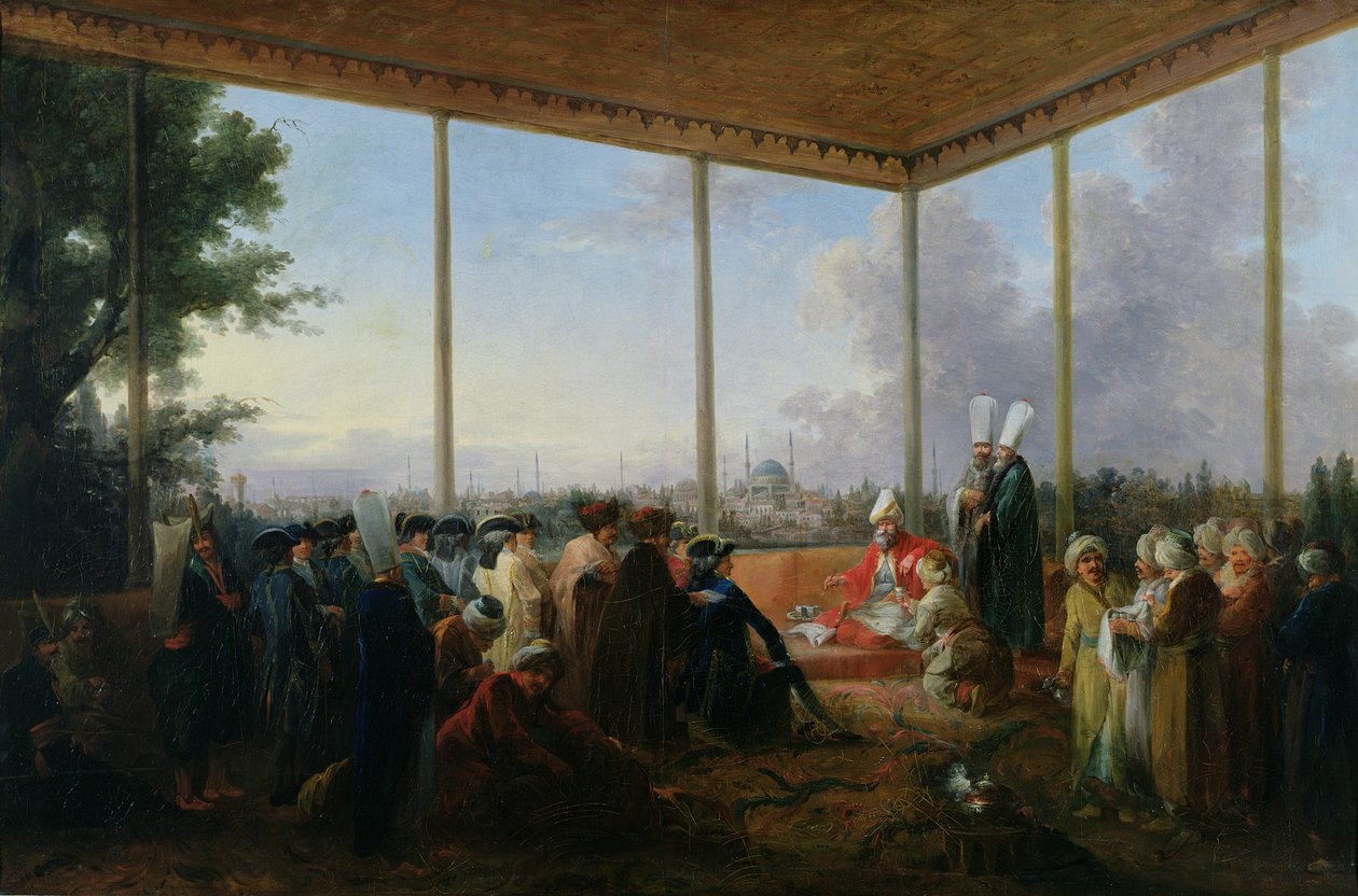 Yleisö Konstantinopolissa, suurvisiiri Aimali Carac, Francois-Emmanuel Guignard (1735-1821) Comte de Saint-Priest, 18. maaliskuuta 1779 tekijältä Francesco Giuseppe Casanova