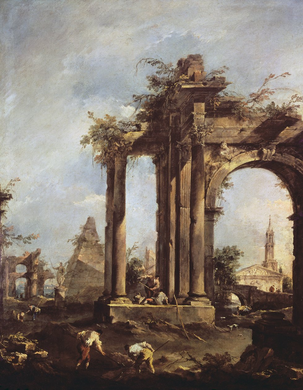 Capriccio roomalaisten raunioiden kanssa, pyramidi ja hahmot, 1760-70 tekijältä Francesco Guardi
