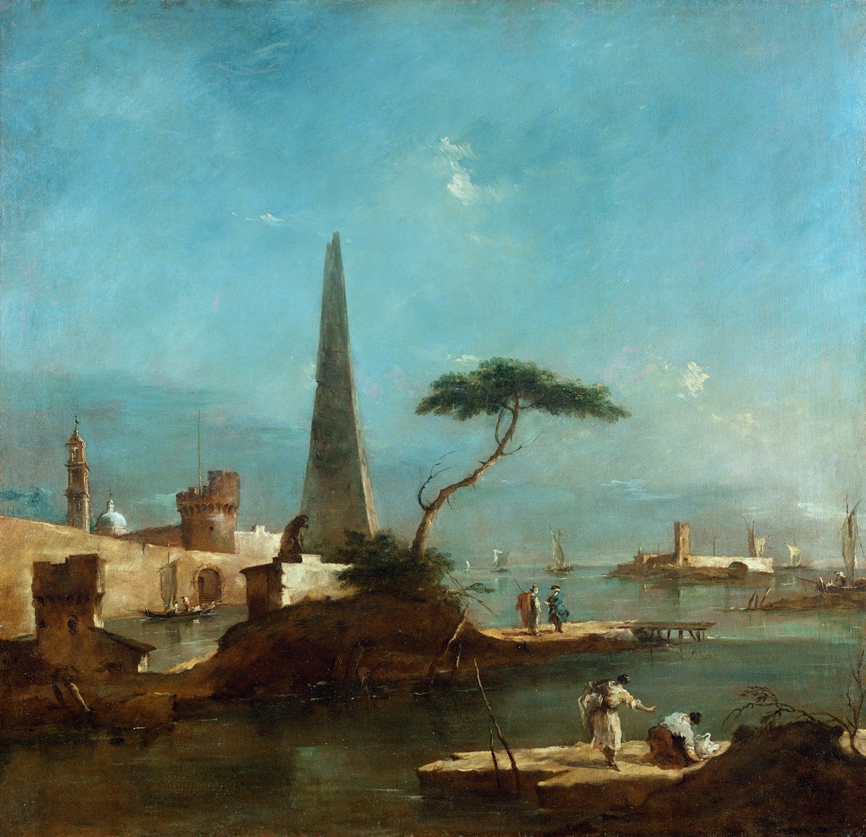 Obeliski muurien aidatun sataman sisäänkäynnin vieressä tekijältä Francesco Guardi