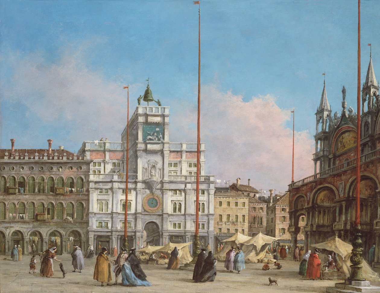 Piazza di San Marco katsoo kellotornia kohti tekijältä Francesco Guardi