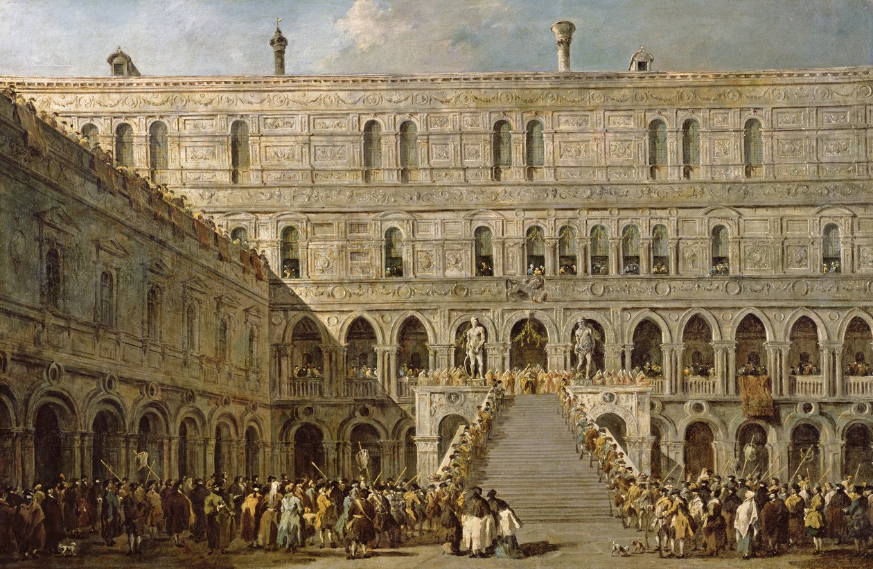 Venetsian dogen kruunaus Palazzo Ducalen Scala dei Gigantissa tekijältä Francesco Guardi