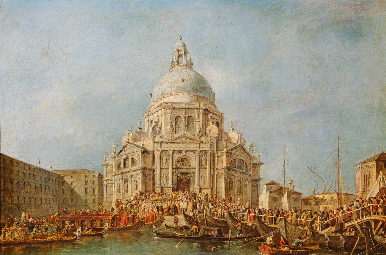 Venetsian dogi Festa della Salute -tapahtumassa 21. marraskuuta, vuoden 1630 ruton päättymisen muistoksi, n. 1766-70 tekijältä Francesco Guardi