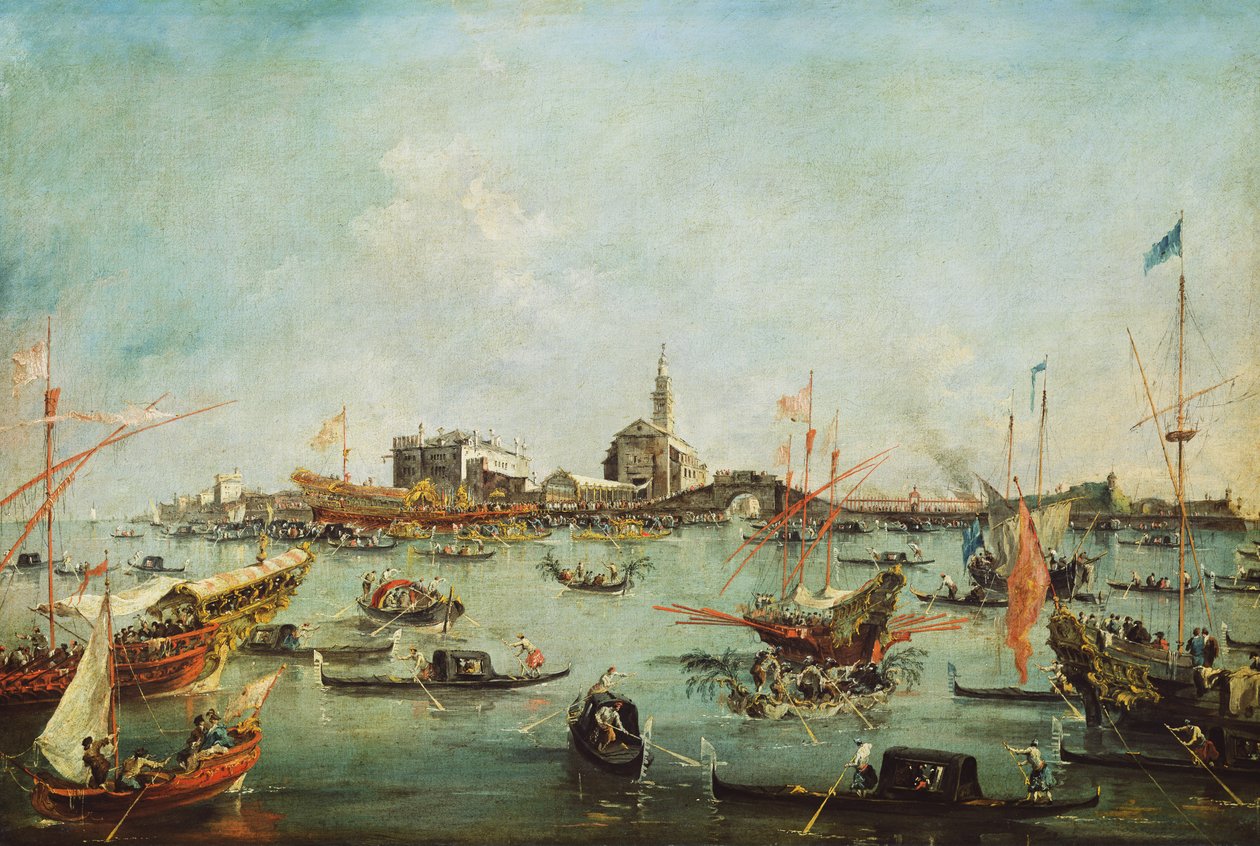 Doge Bucentaurilla San Nicolò del Lidon edustalla taivaaseenastumispäivänä, noin 1766-70. tekijältä Francesco Guardi
