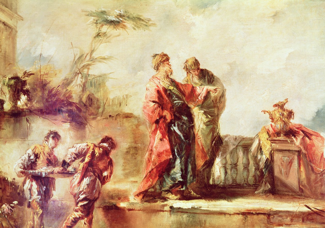 Tobiaksen häät, yksityiskohta urkukaiteen paneeleista, jotka kuvaavat kohtauksia Tobiaksen tarinasta, 1750-53 tekijältä Francesco Guardi