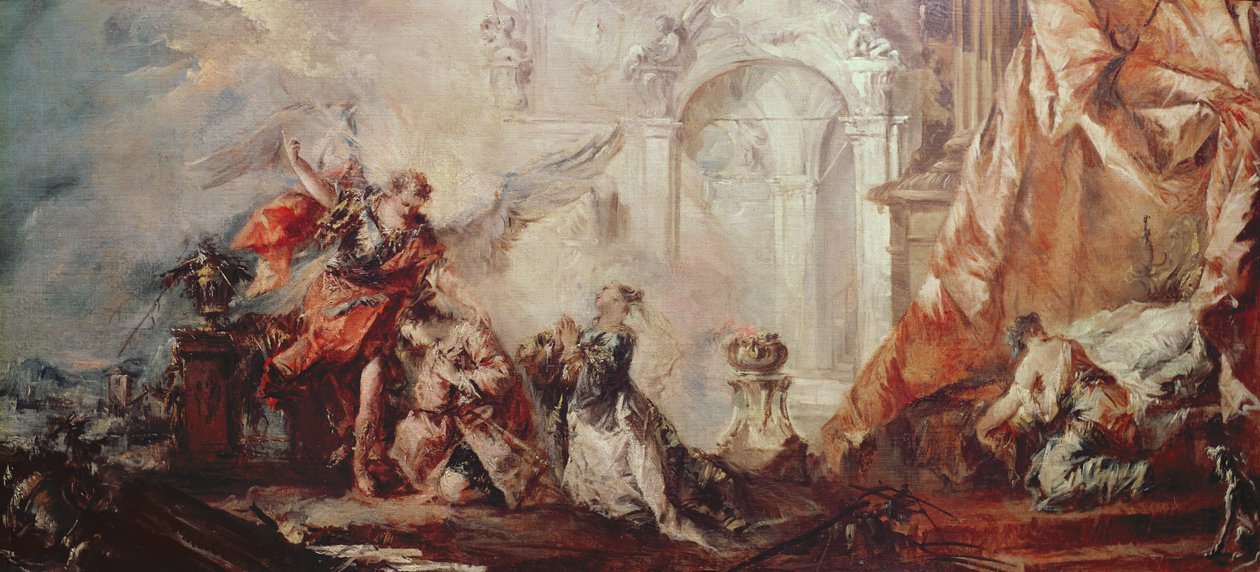 Tobiaksen häät, yksityiskohta Saran ja Tobiaksen pariskunnasta Rafaelin välittäjän edessä kiittäen Jumalaa, noin 1750 öljy kankaalle tekijältä Francesco Guardi