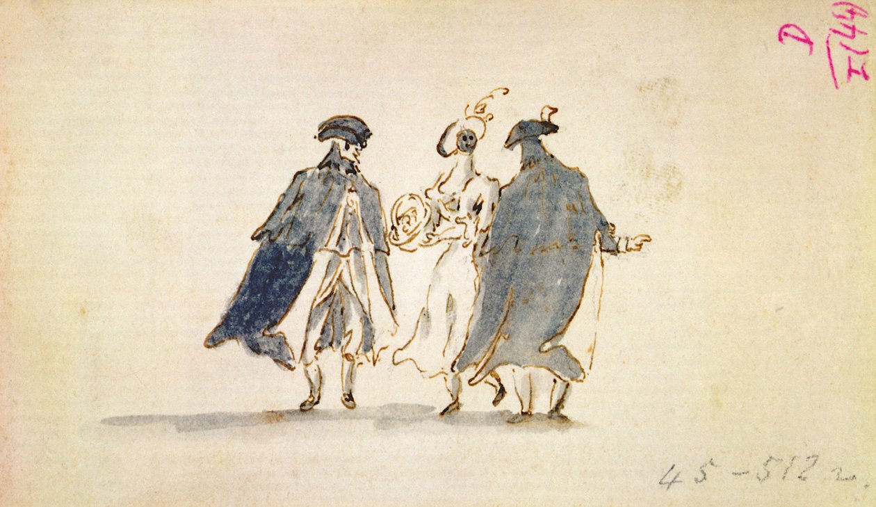 Kolme naamioitunutta hahmoa karnevaaliasussa tekijältä Francesco Guardi