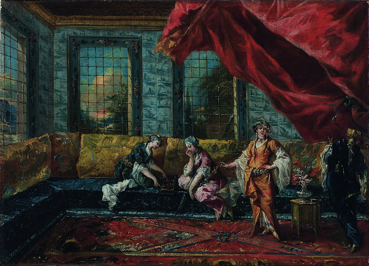 Kaksi Odalisquea pelaamassa Mancalaa Haremissa tekijältä Francesco Guardi