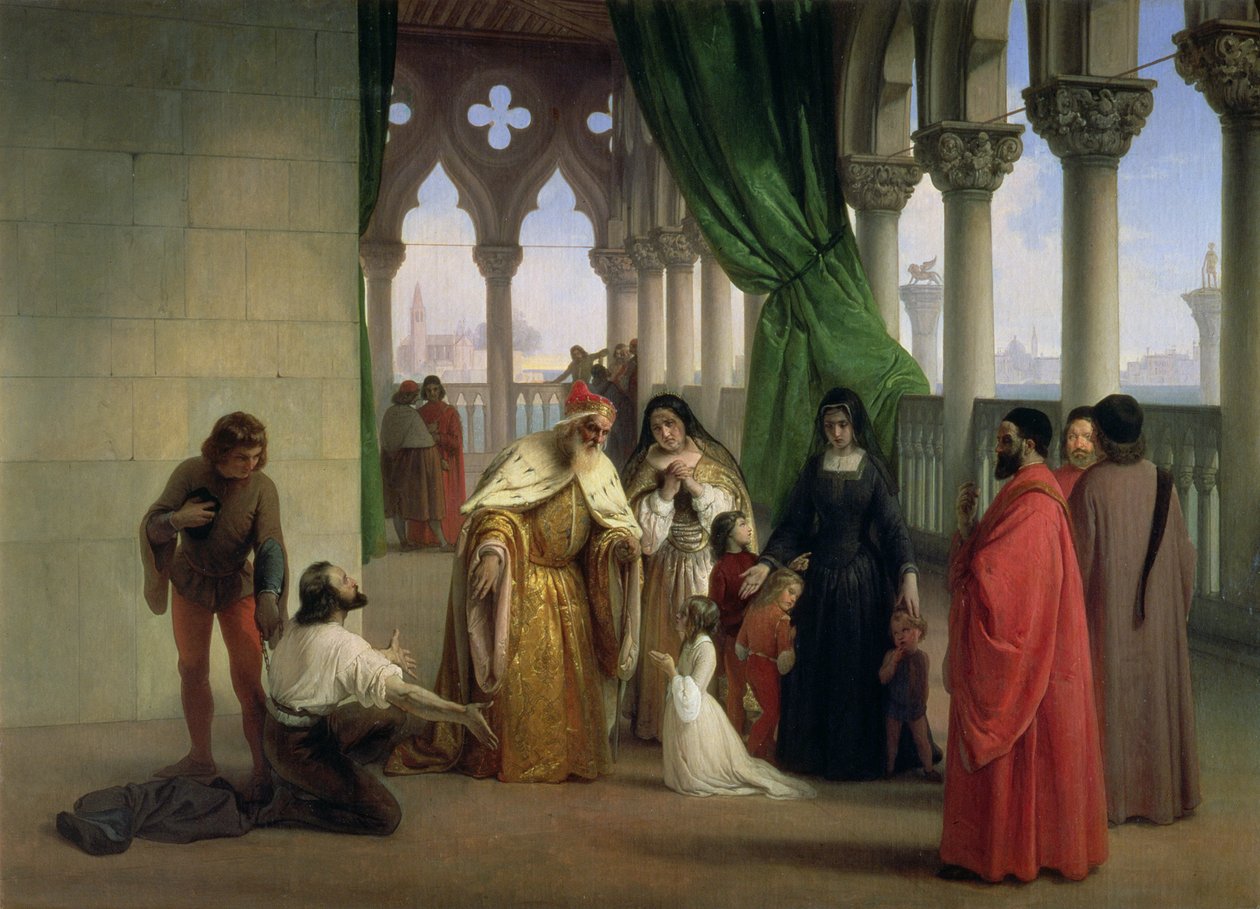 Kaksi Foscaria: Francesco Foscari, Venetsian dogi (n. 1372-1457) karkotti poikansa Jacopon syytettynä maanpetoksesta maanpaossa; Bryonin runollisen draaman "The Two Foscari" aihe tekijältä Francesco Hayez