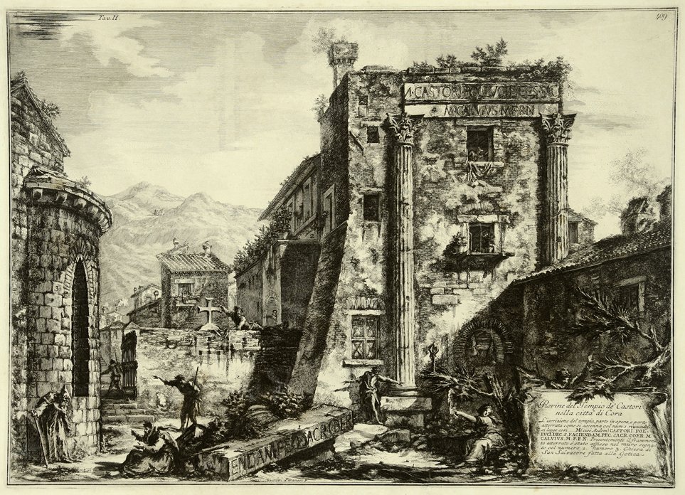 Castorin temppelin rauniot albumilta Antiquities of Cora tekijältä Francesco Piranesi