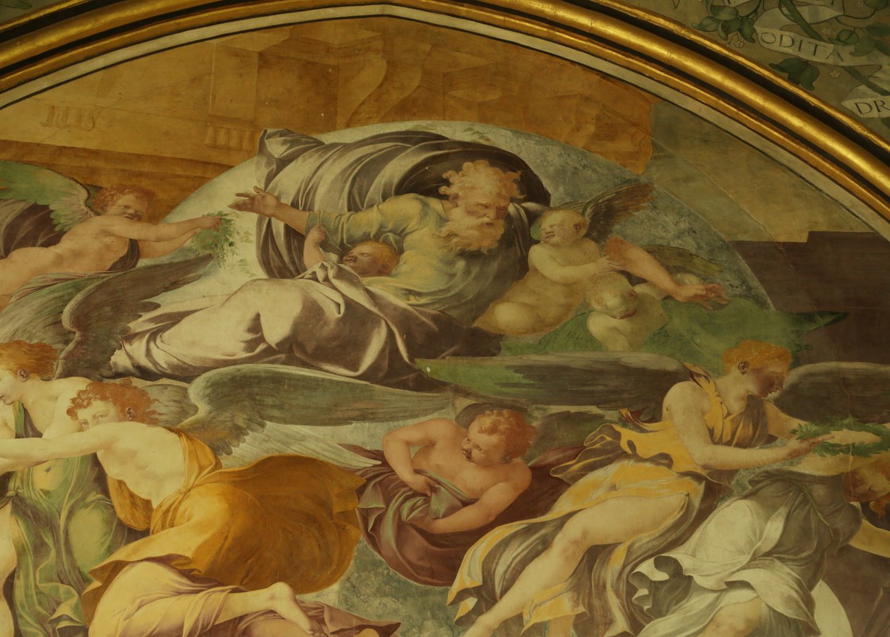 Abbeyn Rayonnant-kappelin länsimuuri, yksityiskohta Annunciation yläpuolella tekijältä Francesco Primaticcio