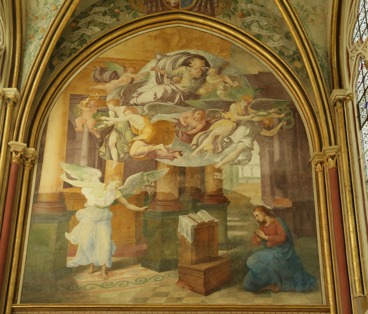 Abbeyn Rayonnant-kappelin länsimuuri ja Marian ilmestys, 1500-1800-luku tekijältä Francesco Primaticcio