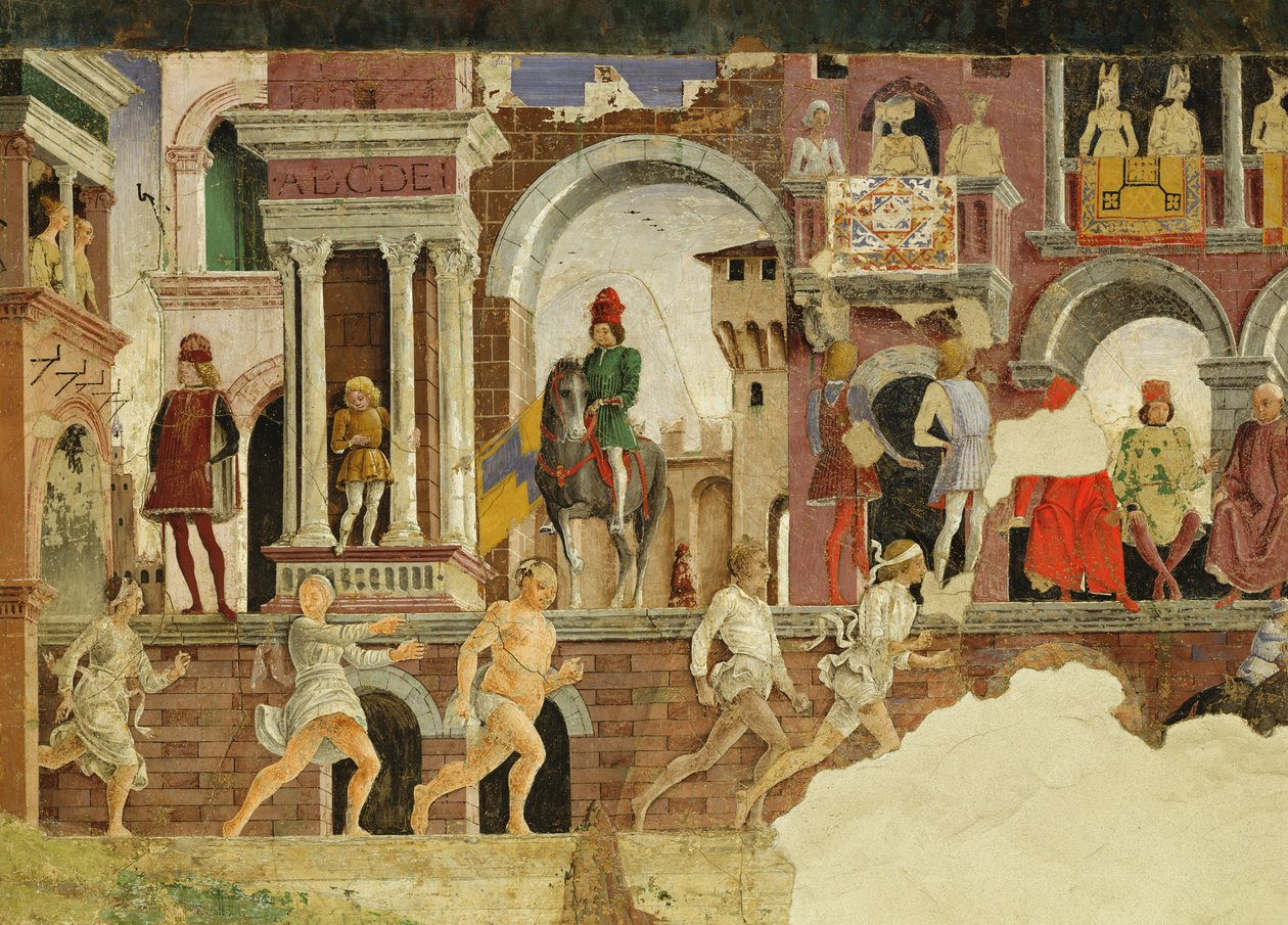 Huhtikuun allegoria: esitys Borso dEste -aukiolla, yksityiskohta juoksevista jalankulkijoista, 1469-70, fresko tekijältä Francesco del Cossa