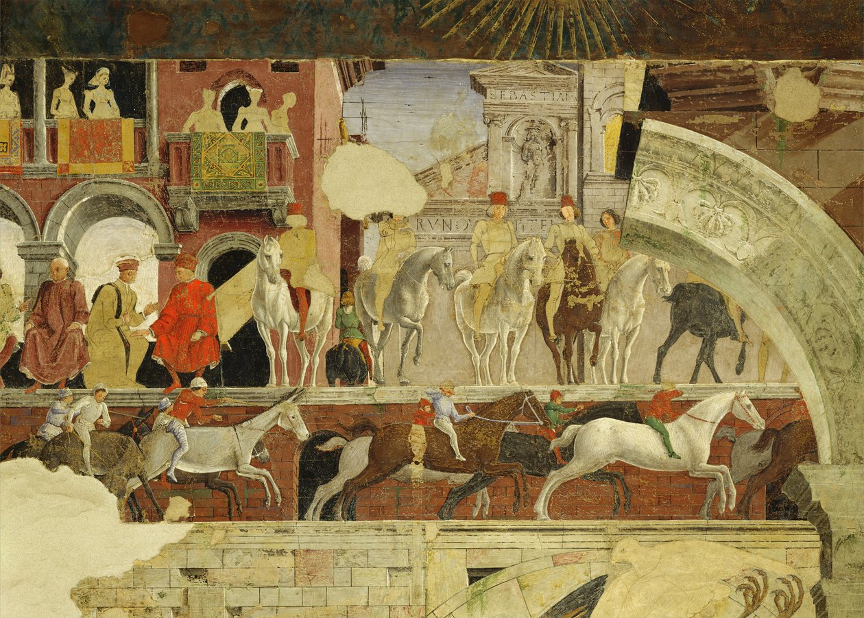 Huhtikuun allegoria: esitys Borso dEste -aukiolla, yksityiskohta hevosten ja aasien juoksemisesta, 1469-70, fresko tekijältä Francesco del Cossa