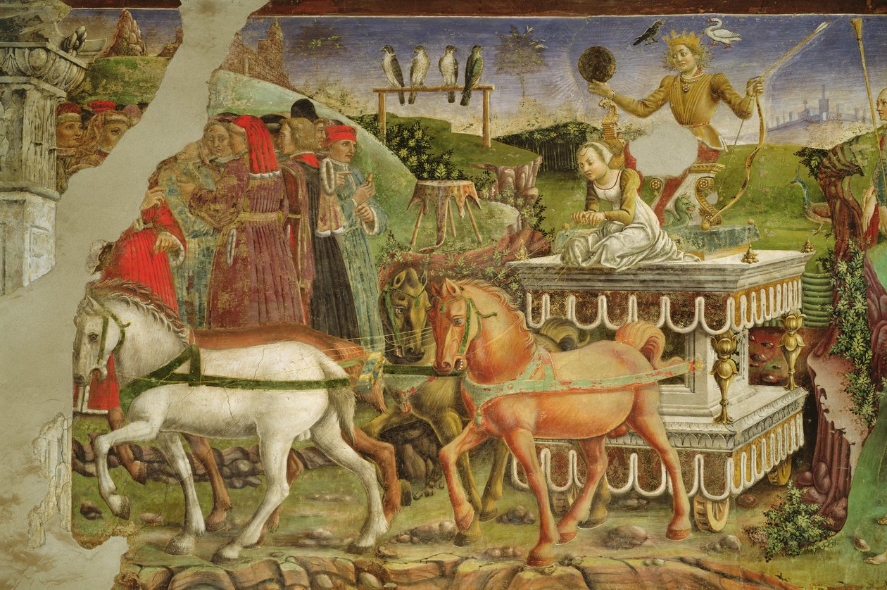 Toukokuun allegoria: Apollon vaunut hevosten vetämät ja Auroran kuljettamat, yksityiskohta Apollon triumphista, 1469-70, tekijältä Francesco del Cossa