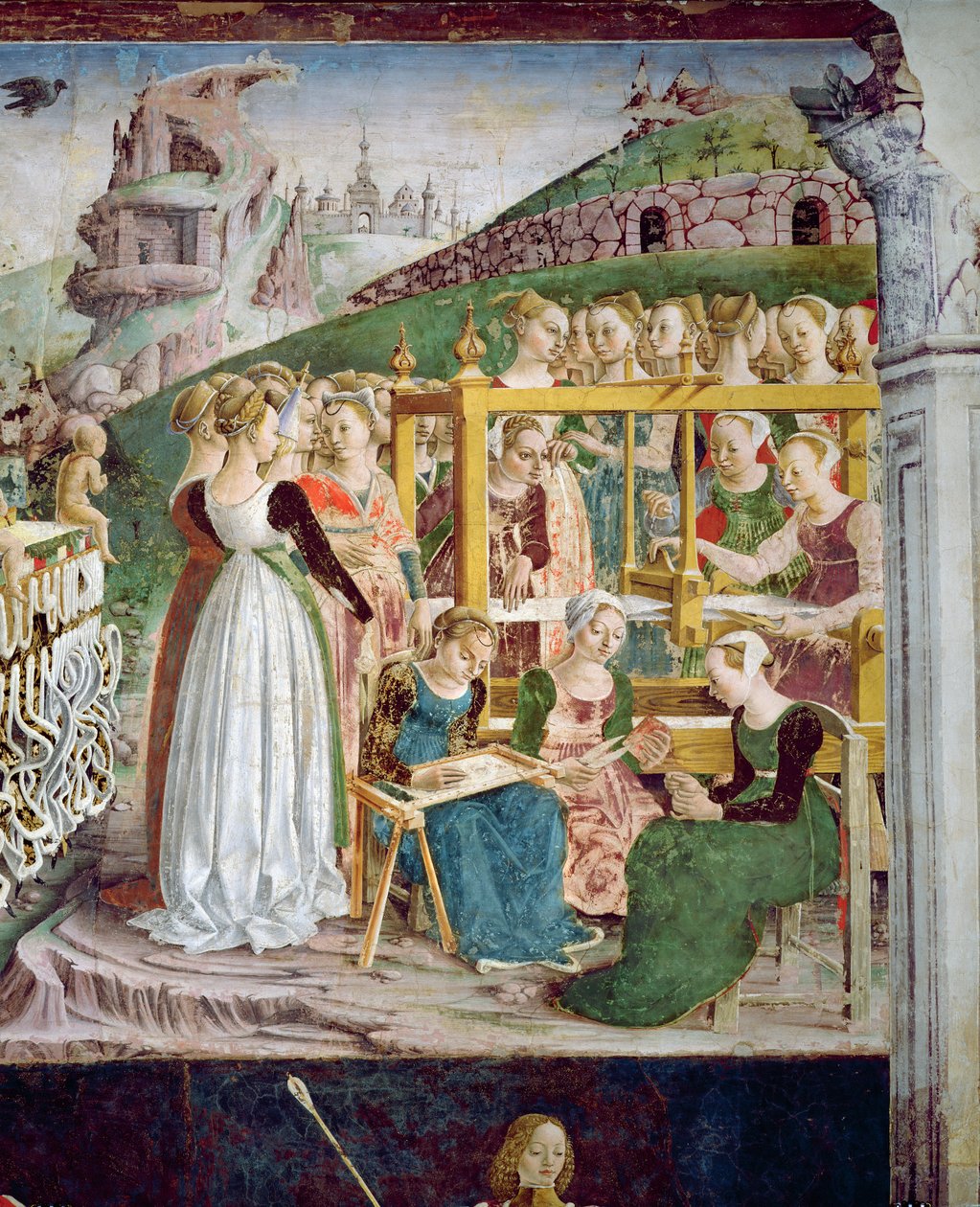 Minervan voitto: Maaliskuu, Kuukausien huoneesta, yksityiskohta kutojaista, n. 1467-1470 tekijältä Francesco del Cossa