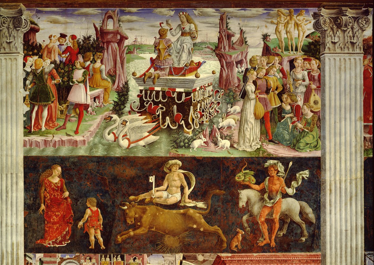 Venuksen voitto ja Härän merkki, kohtaukset huhtikuusta n. 1470, kirjoittaja Francesco del Cossa (n. 1435-1477), fresko, itäseinä, Kuukausien sali, Palazzo Schifanoia (Ilon palatsi), Ferrara, Emi tekijältä Francesco del Cossa