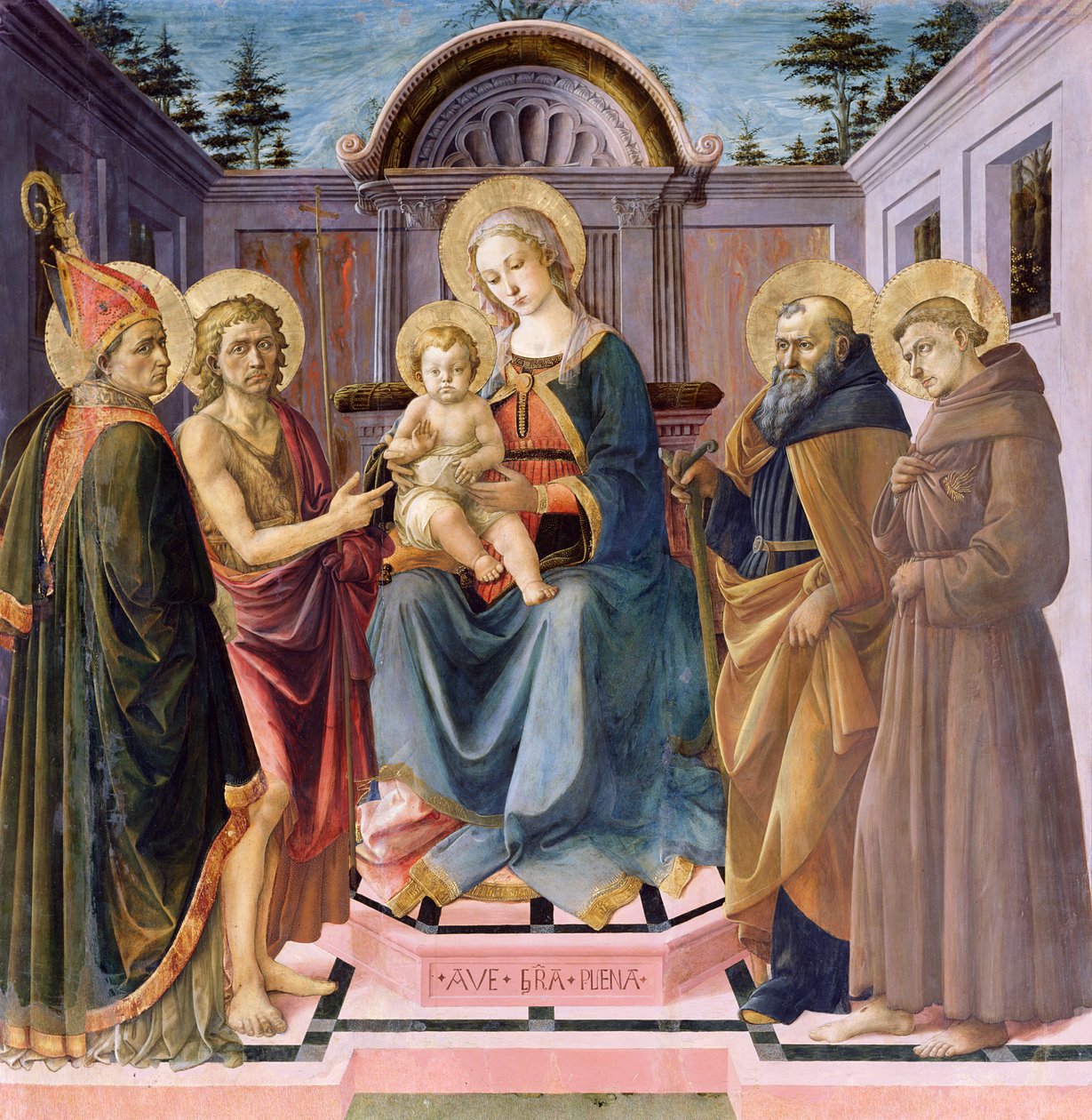 Madonna ja lapsi istuivat (LtoR) SS:n kanssa. Zenobius, Johannes Kastaja, Anthony Abbot ja Franciscus tekijältä Francesco di Stefano Pesellino