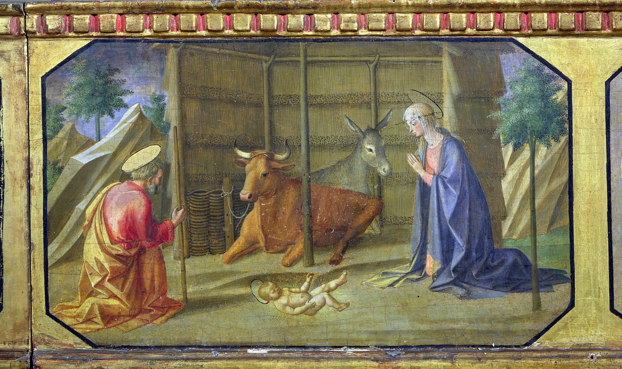 Syntymä, yksityiskohta predella-paneelista Filippo Lipin (n. 1406-69) Madonna ja Child Enthroned -elokuvasta (tempera paneelissa) (katso myös 85689, 85691 ja 85693) tekijältä Francesco di Stefano Pesellino