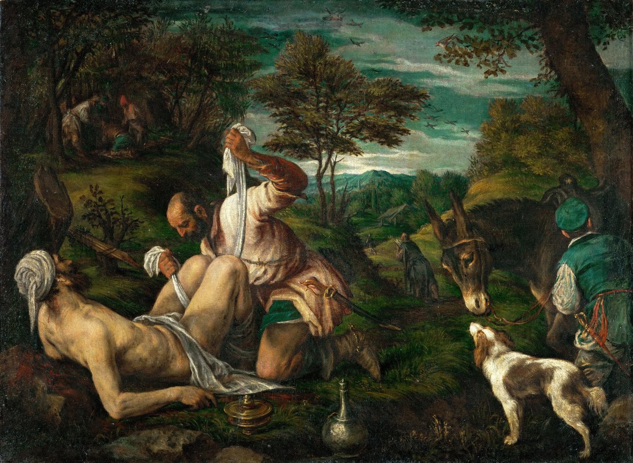Le bon samaritain - Vertaus laupiaasta samarialaisesta, kirjoittanut Bassano, Francesco, nuorempi (1549-1592). Öljy kankaalle, n. 1575. Mitat : 73x98,4 cm. Taidehistoriallinen museo, Vienne tekijältä Francesco Bassano