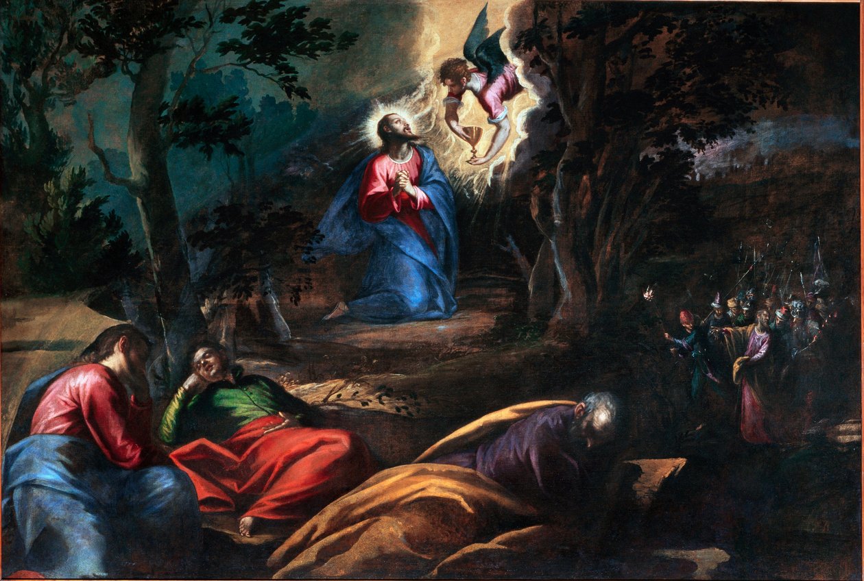 Rukous oliivipuutarhassa Oikealla Juudas saapuu sotilaiden kanssa pysäyttämään Jeesuksen Kristuksen. Francesco Bassano nuoren (n. 1549-1592) maalaus Venetsia, Chiesa del Redentore, Italia tekijältä Francesco Bassano