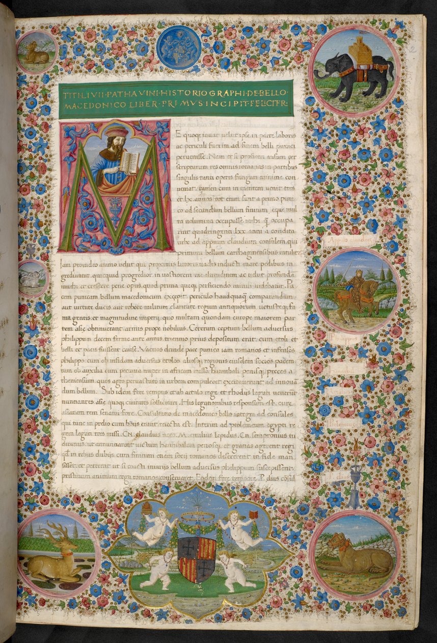 Alkukirjain M, muotokuva Liviuksesta, Liviuksen "History of Rome" tai "Ab Urbe Condita, neljäs vuosikymmen" tekijältä Francesco (attr.) Rosselli