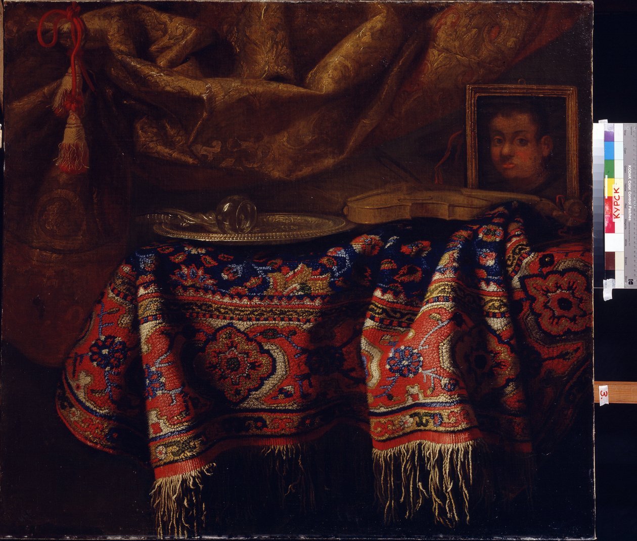 Natura morta amb autoretrat. (Bodegó amb autoretrat). Pintura de Francesco Fieravino (entre 1610 i 1660). Art italià, estil barroc. Regional A. Deineka Art Gallery, Kursk, Rússia, finlandès tekijältä Francesco (b.1640) Fieravino