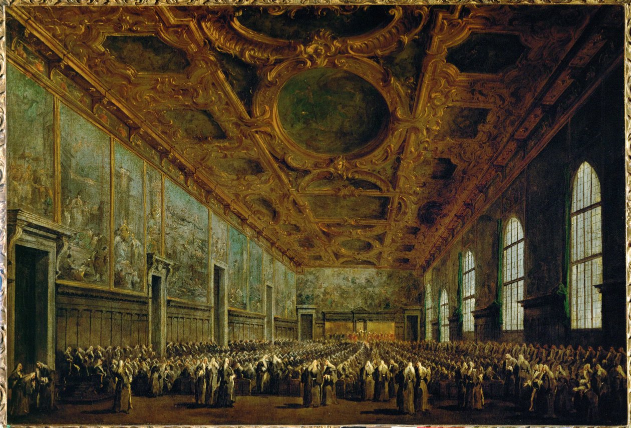 Valintansa jälkeen dogi kiittää Suurta neuvostoa Venetsian Dogen palatsin Suuren neuvoston salissa ... tekijältä Francesco (circle of) Guardi