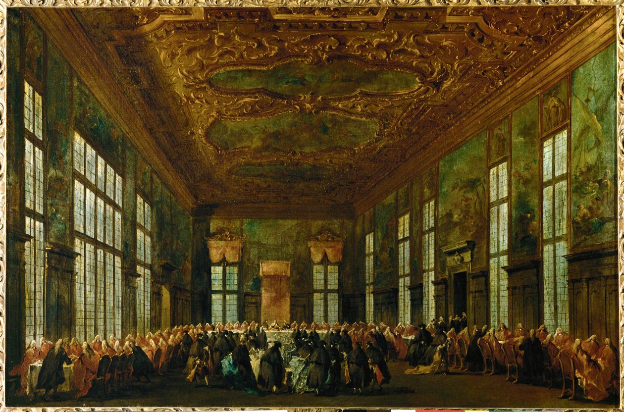 Juhlallinen ateria Dogen palatsissa Suuren neuvoston salissa, dogen istuu keskellä taustalla ... tekijältä Francesco (circle of) Guardi