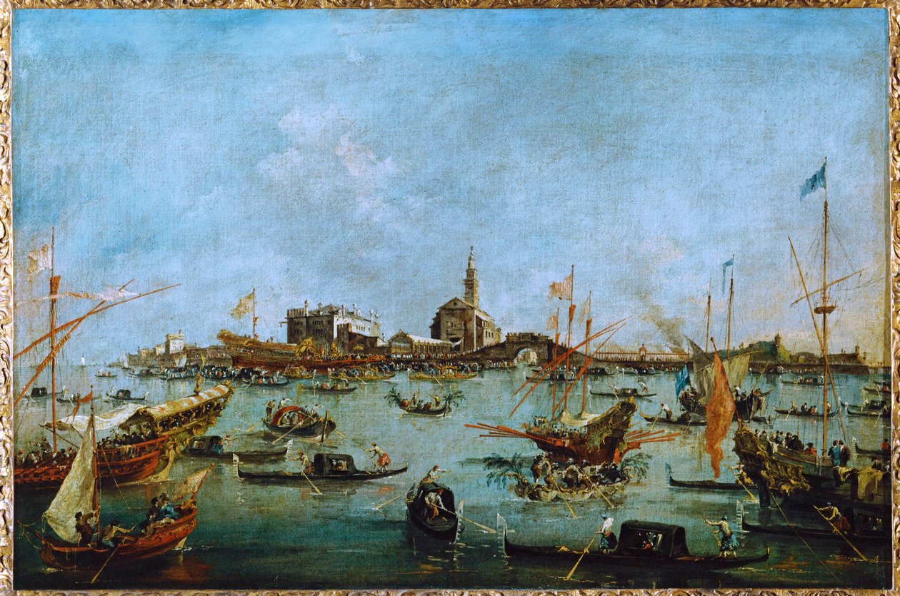 Dogen kultainen gondoli Bucintoro ohittaa San Niccolo del Lidon ... tekijältä Francesco (circle of) Guardi