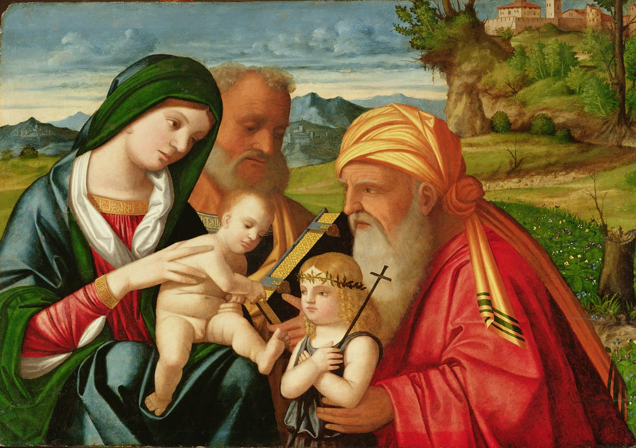 Pyhä perhe ja pyhät Simeon ja Johannes Kastaja, 1500-luvun alku (öljy paneelille). tekijältä Francesco (fl.1508 45) Rizzi da Santacroce