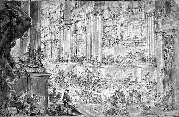Heliodoruksen karkottaminen temppelistä (kynä ja muste) tekijältä Francesco (fl.1709 43) Peresi
