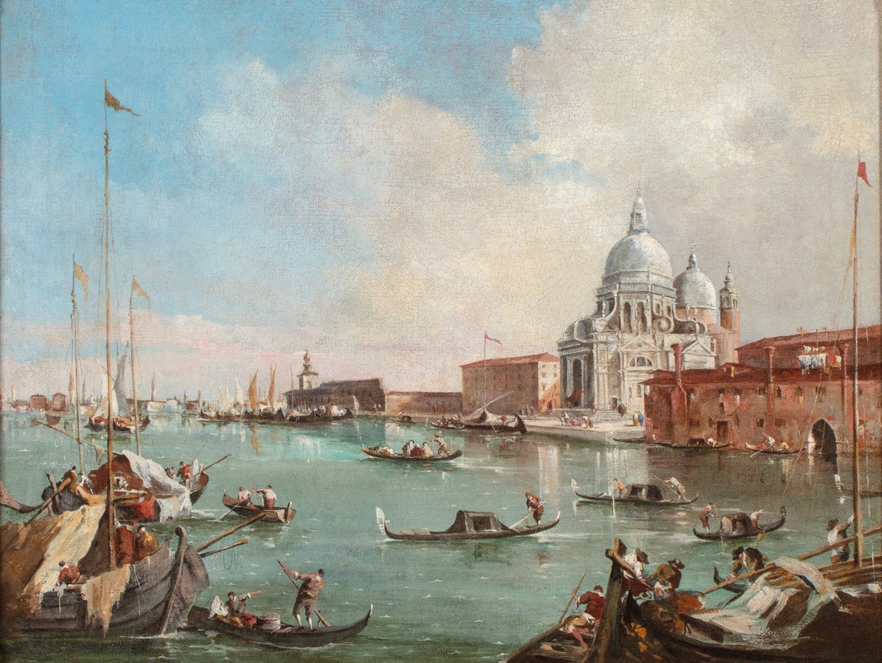 Grand Canal ja näkymä Santa Maria Della Saluteen ja Doganaan, 1800-50 (öljy kankaalle). tekijältä Francesco (follower of) Guardi