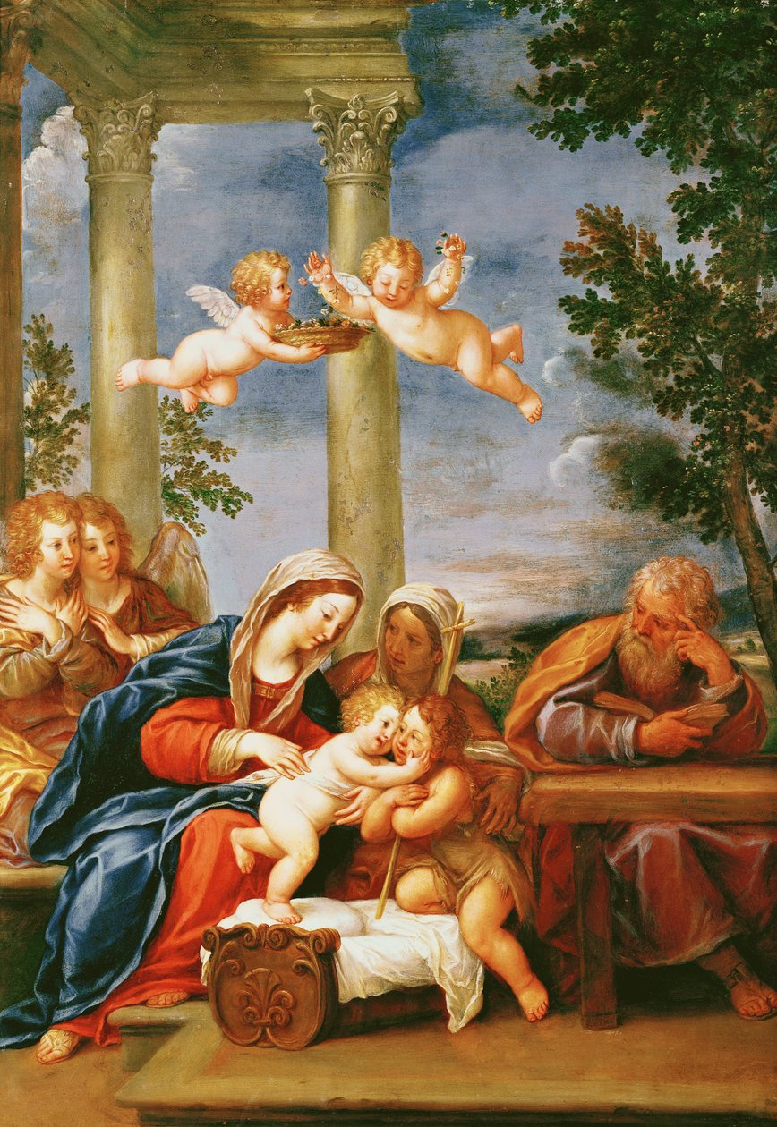 Pyhä perhe Pyhän Elisabetin ja Pyhän Johannes Kastajan kanssa, n. 1645-1650 (öljy kuparille) tekijältä Francesco Albani
