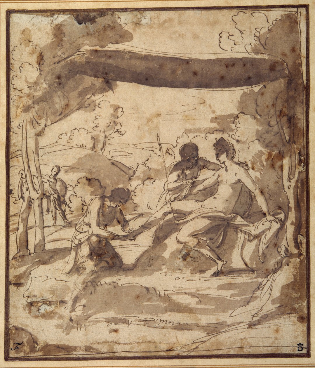 Venus makuuasennossa maalaismaisen katoksen alla, Adonis kiinnittää sandaalinsa (kynä ja muste pesulla paperille) tekijältä Francesco Albani
