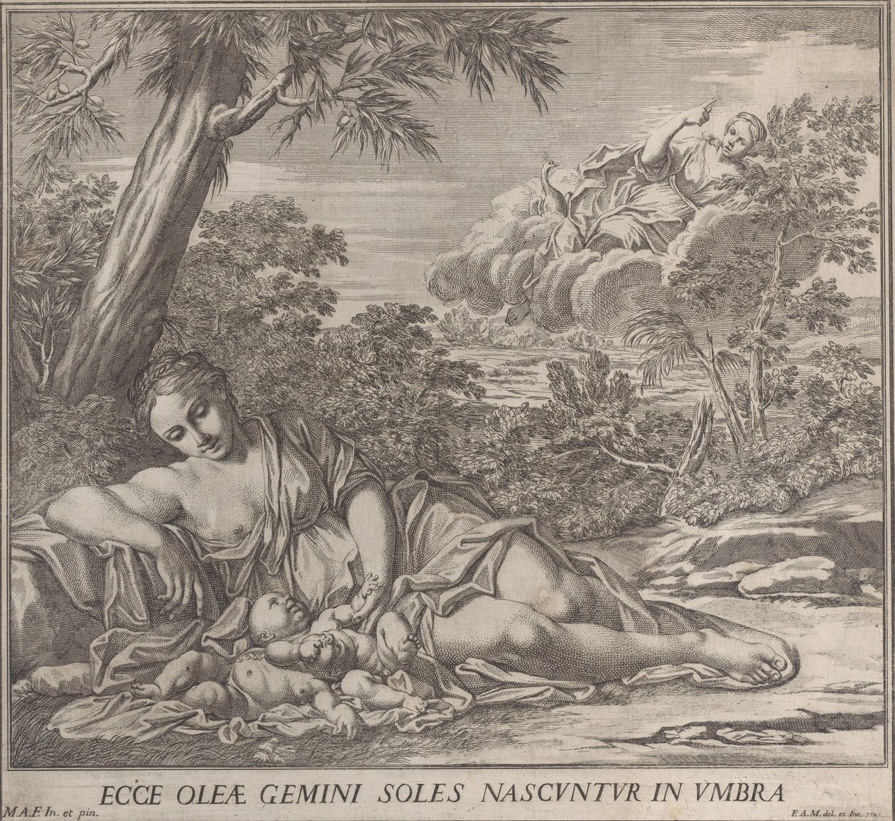 Latona ja hänen nukkuvat kaksoset, Apollo ja Diana, maisemassa, 1705. tekijältä Francesco Antonio Meloni