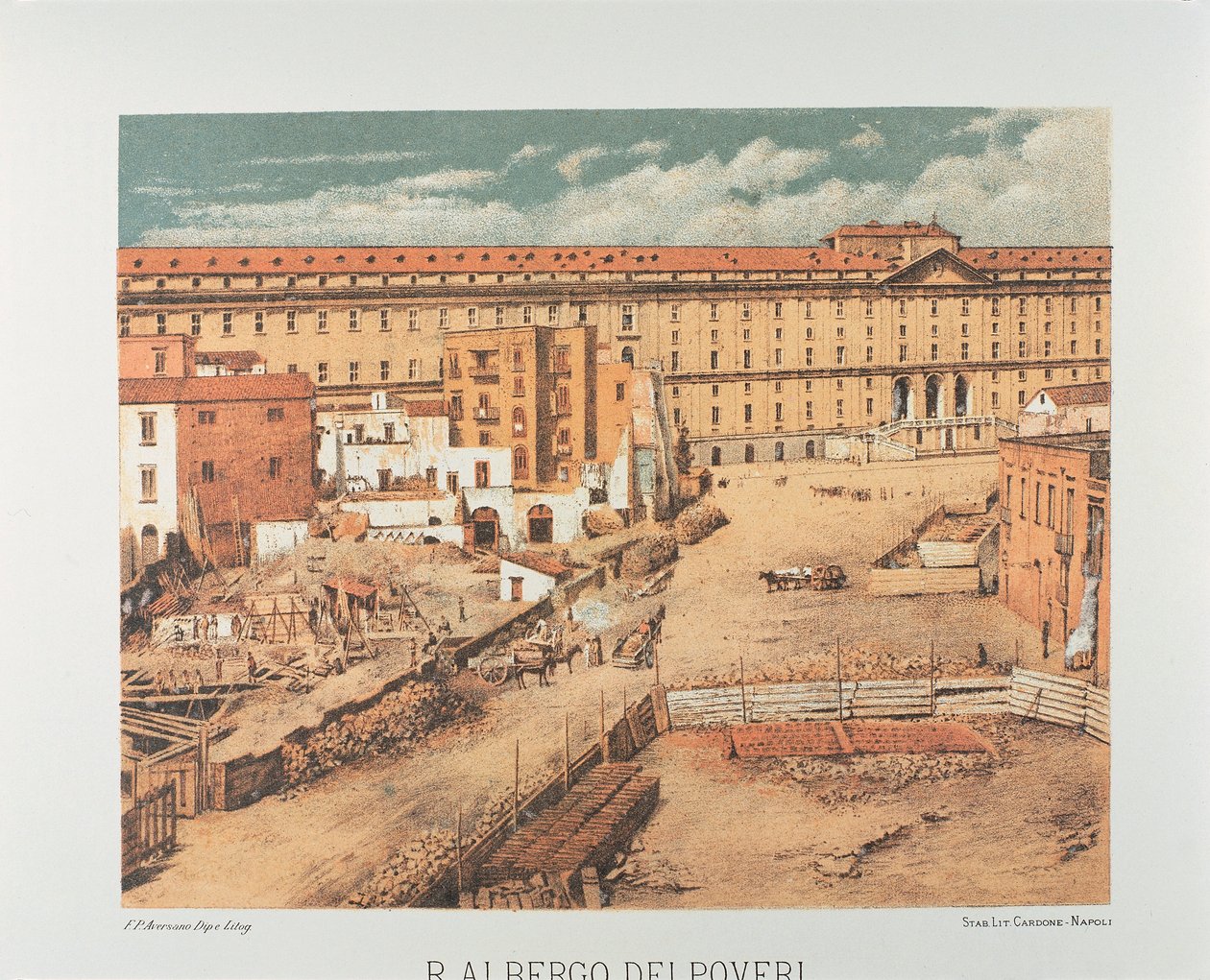 Italia, Napoli, Albergo dei Poveri (Köyhien hoitopaikka) 1889 (litografia) tekijältä Francesco Aversano