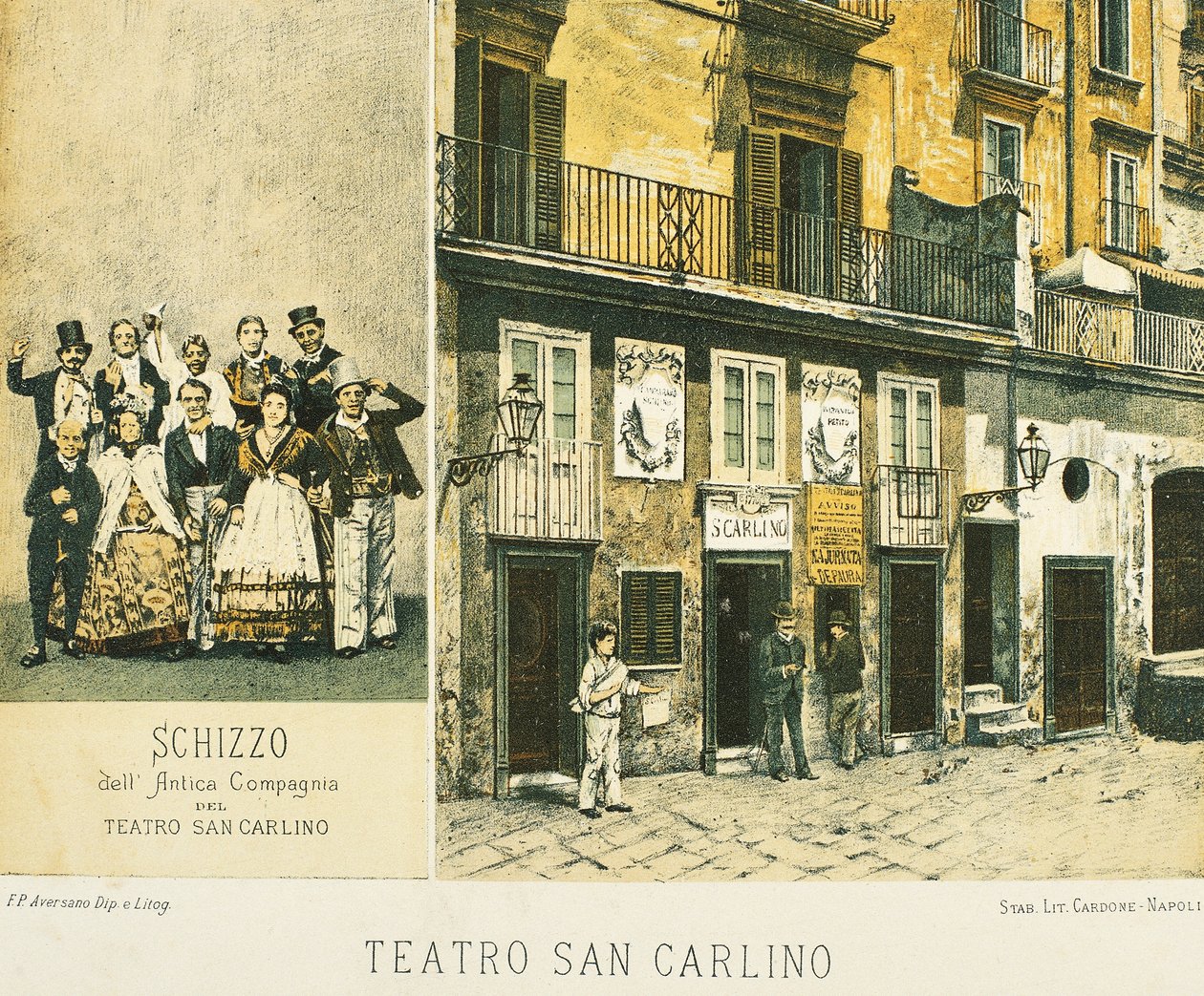 Näkymä Napolin kuninkaalliseen Saint Charles -teatteriin, Francesco Aversano, muinaisten aikojen Napolista otettu litografia, Raffaele d