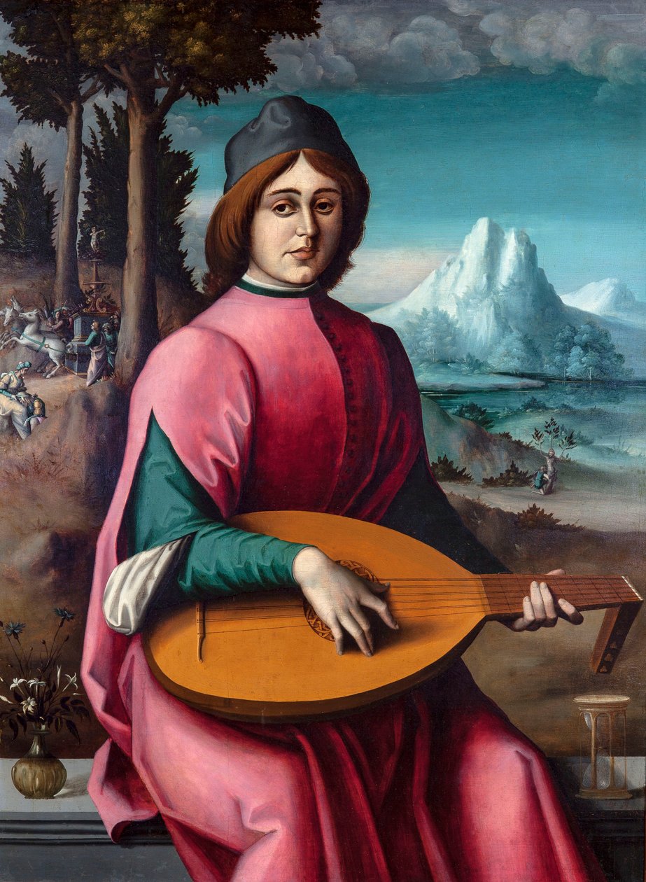 Amerikkalainen englanti:  Portrait of a Young Lute Player (Nuoren huilunsoittajan muotokuva) tekijältä Francesco Bacchiacca