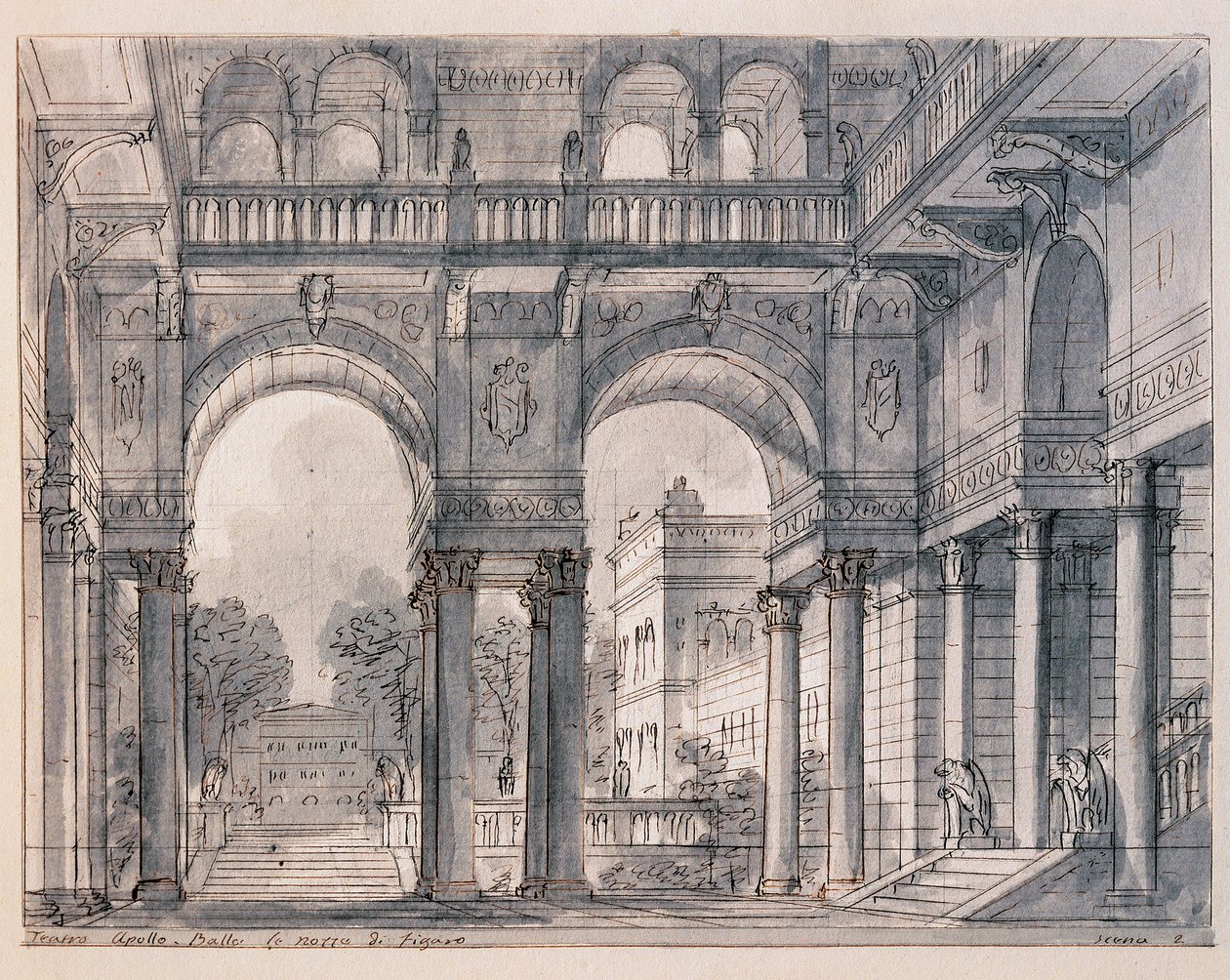 Lavastus Wolfang Amadeus Mozartin (1756-1791) Les noces de Figaron (Figaron häät) toiselle kohtaukselle, ohjaaja Francesco Bagnara (1784-1866) 1820-1839 Venetsian Museo Correr tekijältä Francesco Bagnara