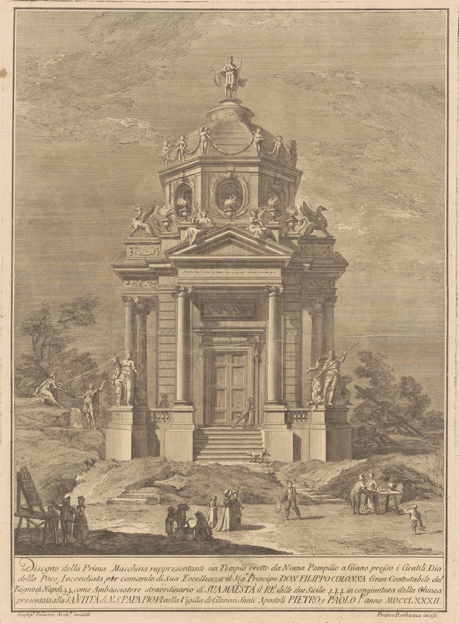 Prima Macchina Kiinalle vuodelta 1782: Numa Pompiliusin rakentama Januksen temppeli tekijältä Francesco Barbazza, after Giuseppe Palazzi