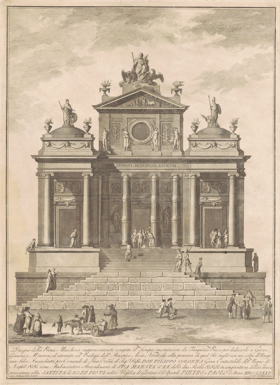 Prima Macchina Kiinalle vuodelta 1785: Tarquinius Priscusin perustama Jupiterin temppeli Accius Naeviuksen ihmeen kanssa tekijältä Francesco Barbazza, after Giuseppe Palazzi