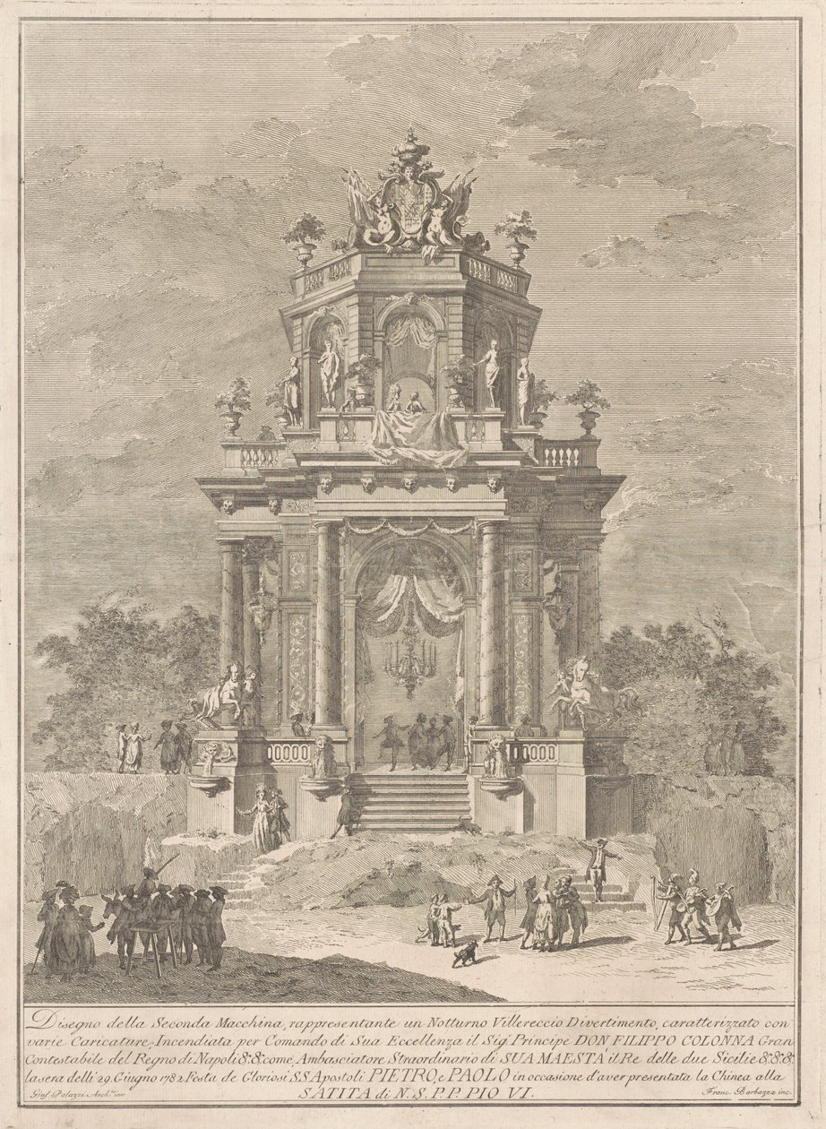 The Seconda Macchina for the Chinea 1782: Maaseutufestivaali yöllä tekijältä Francesco Barbazza, after Giuseppe Palazzi