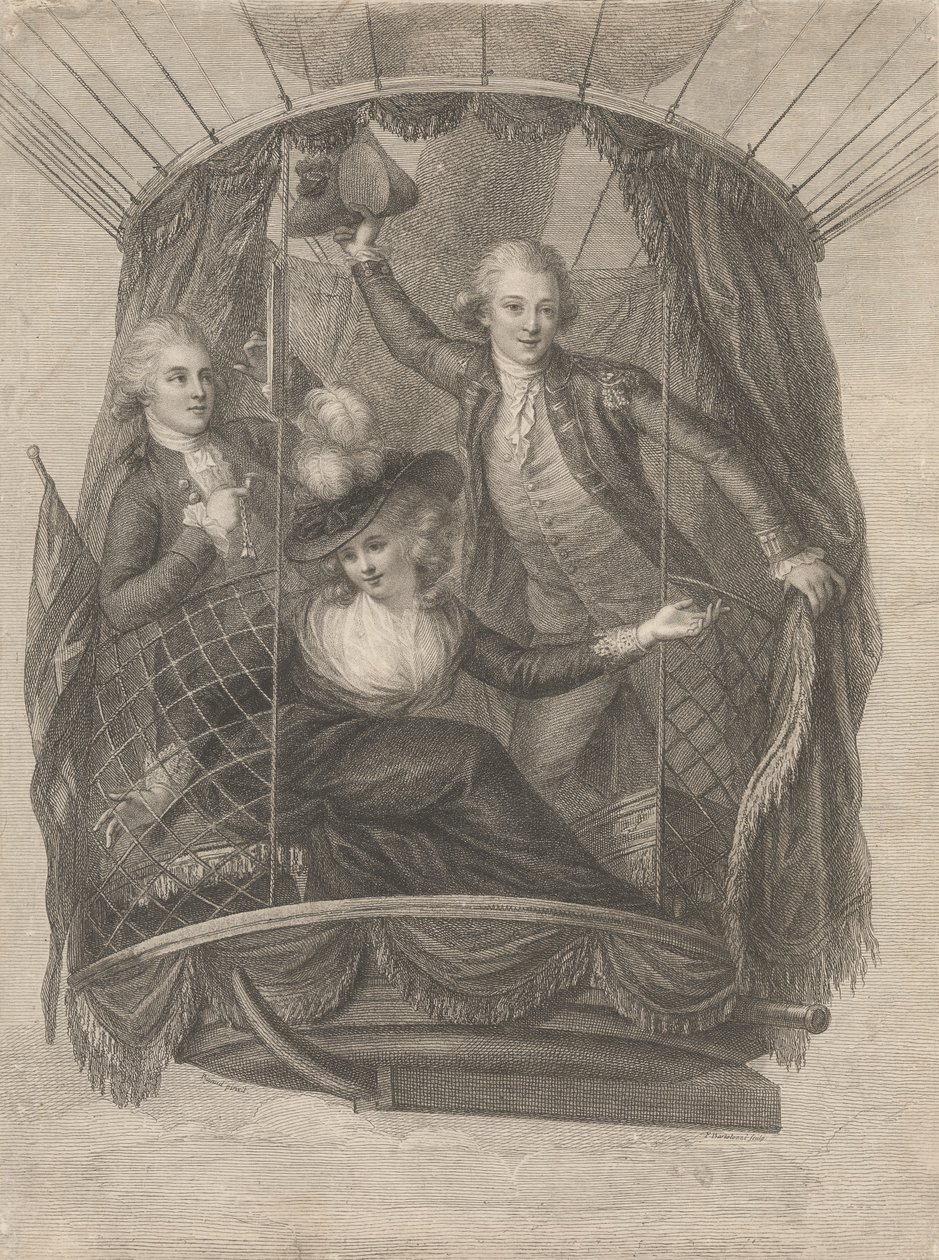 Madame Sagen, Chevalier Bigginin ja kapteeni Vincent Lunardin taivaaseenastuminen ilmapallolla, 20. kesäkuuta 1785 tekijältä Francesco Bartolozzi