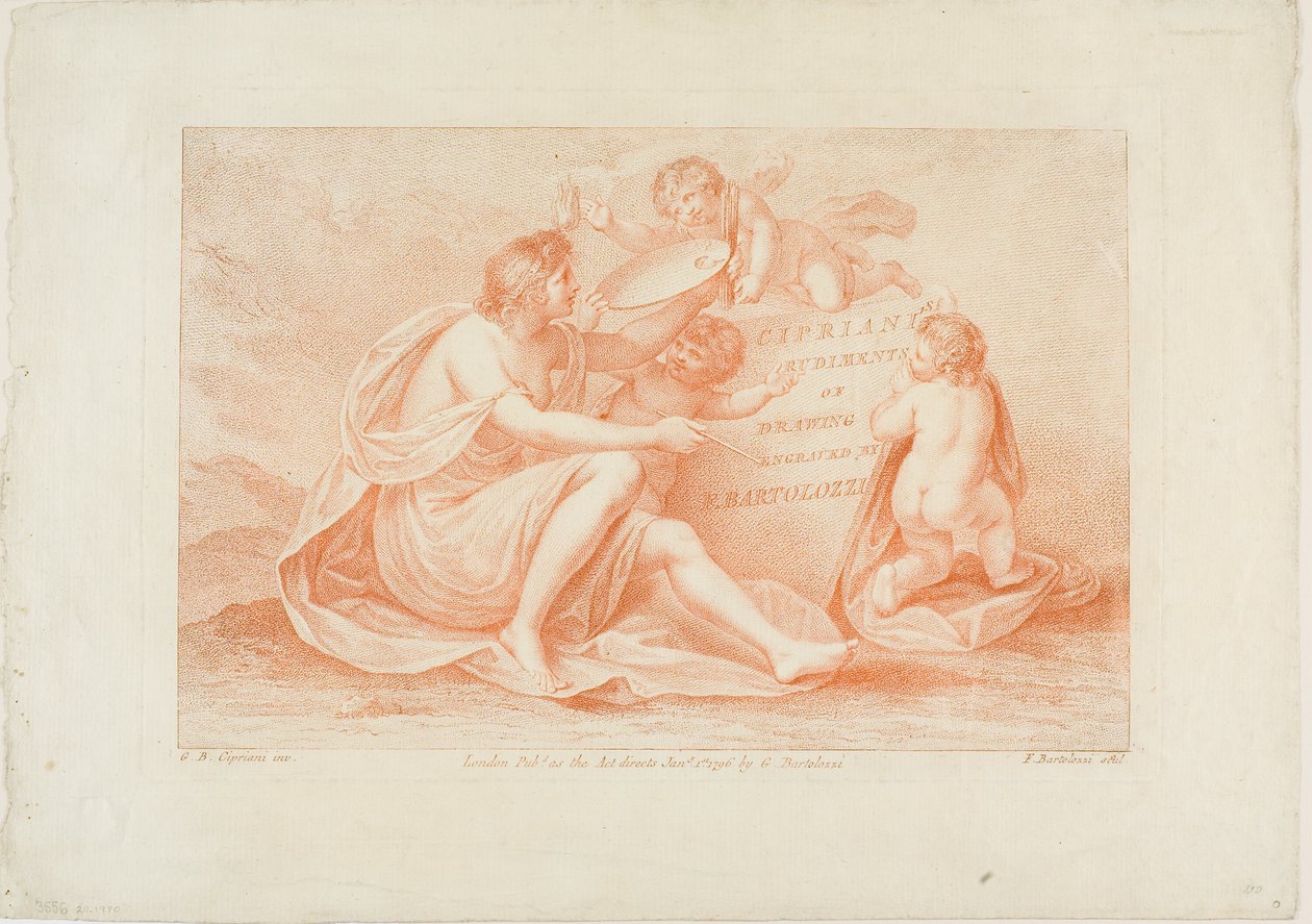 Etukuva Ciprianin teoksesta "Rudiments of Drawing" (Piirtämisen alkeet) tekijältä Francesco Bartolozzi