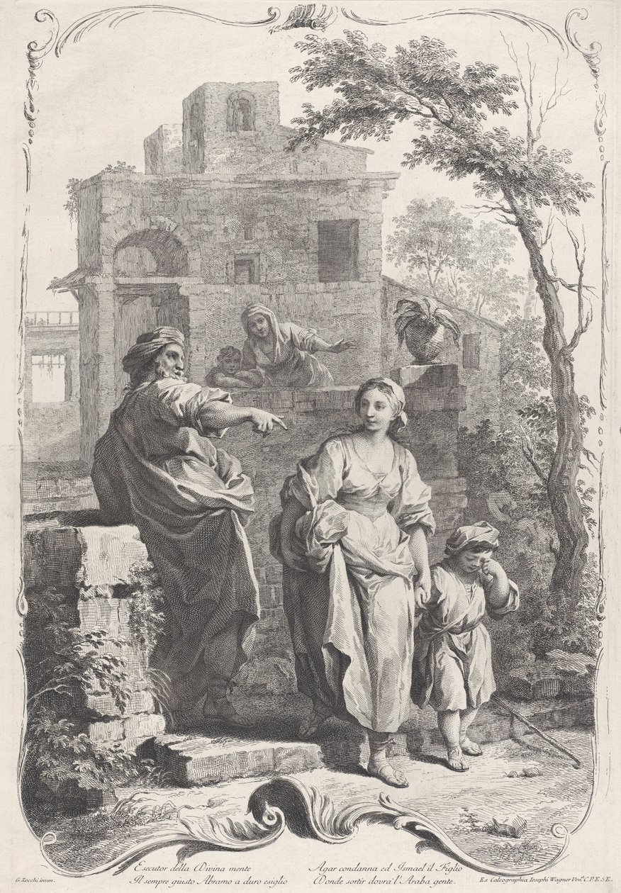 Hagar lähetetty erämaahan, 1758. tekijältä Francesco Bartolozzi