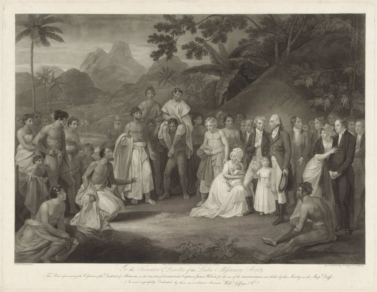 Kapitein James Wilson op het eiland Otaheité Matavain luovutus (Tahitilla) kapteeni James Wilsonille Otaheiten saarella sijaitsevan Matavain piirin luovutus kapteeni James Wilsonille tuon seuran sinne lähettämien lähetyssaarnaajien käyttöön tekijältä Francesco Bartolozzi
