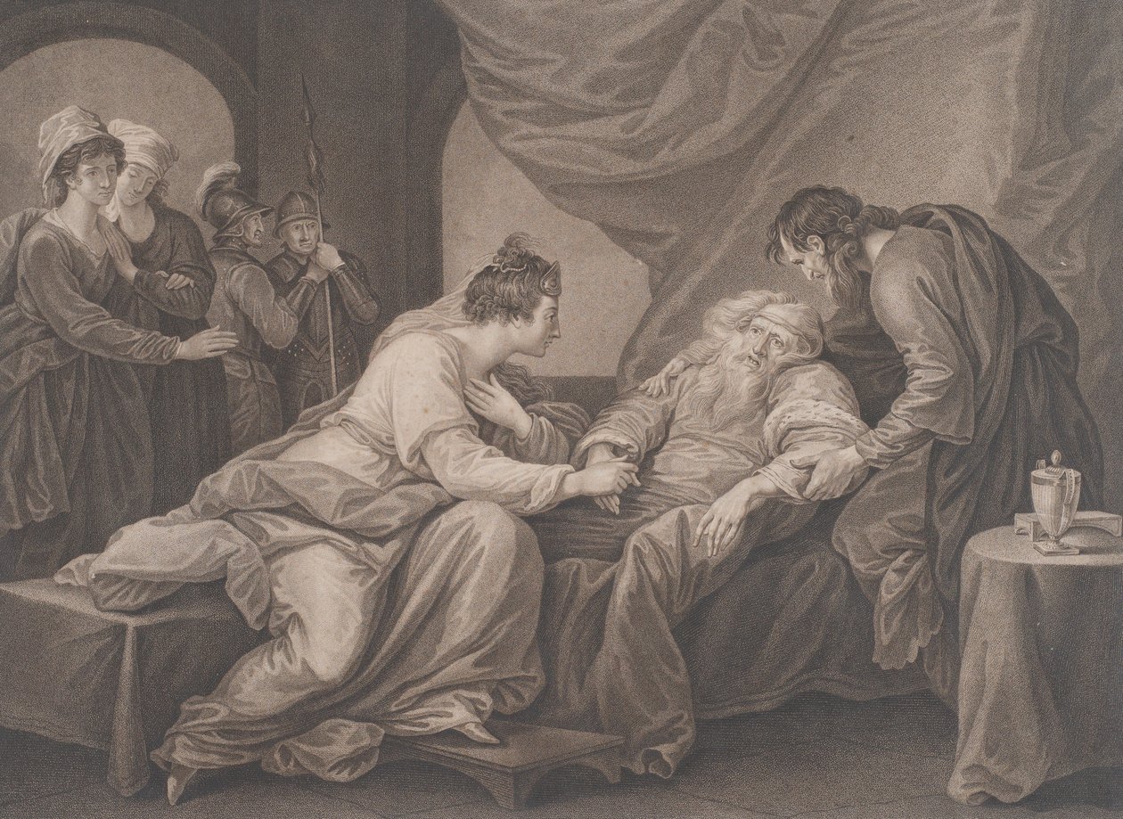 Kuningas Lear ja Cordelia Shakespeare, Kuningas Lear, näytös 4, kohtaus 7, n. 1783. tekijältä Francesco Bartolozzi