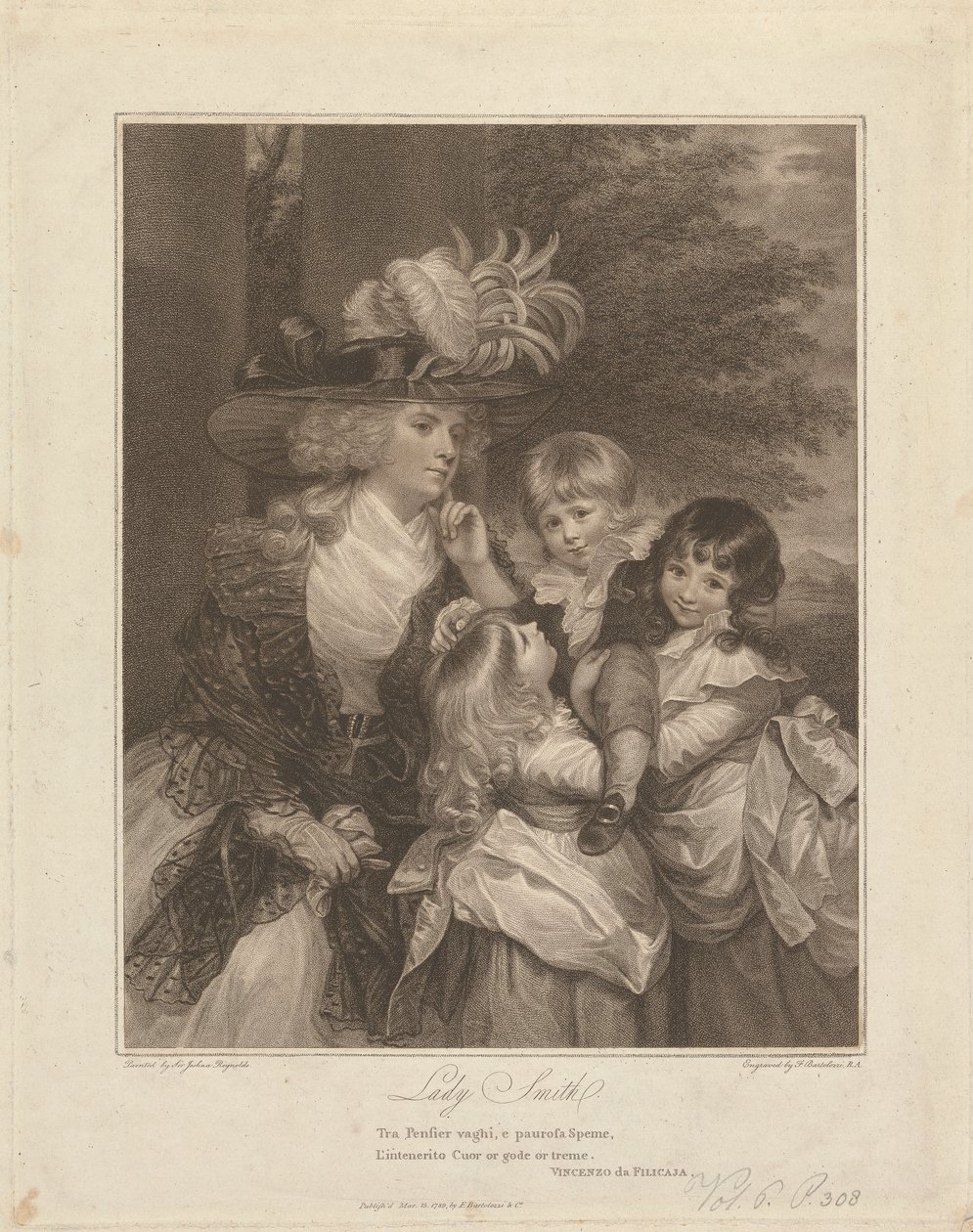 Lady Charlotte Smith ja hänen lapsensa; George Henry, Louisa ja Charlotte tekijältä Francesco Bartolozzi